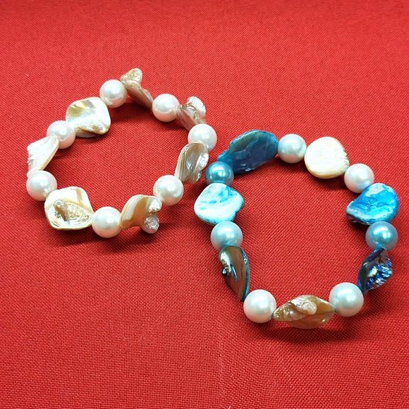 Brown White & Blue Shell Bead Stretch Bracelet Set of 2 - Picture 7 of 11
